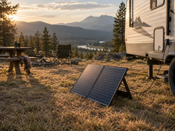 A portable solar panel set up beside a trailer