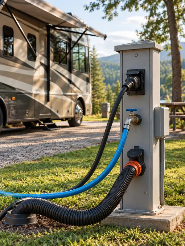 A campsite pedestal with power, water and sewer connected