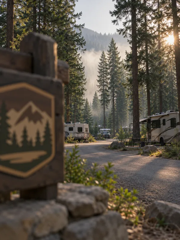 A forest campground among tall conifers