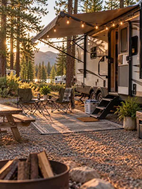 A settled long-term RV site with patio mat and chairs