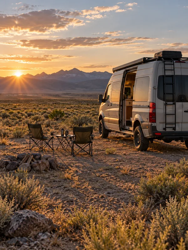 A camper van alone on open public land